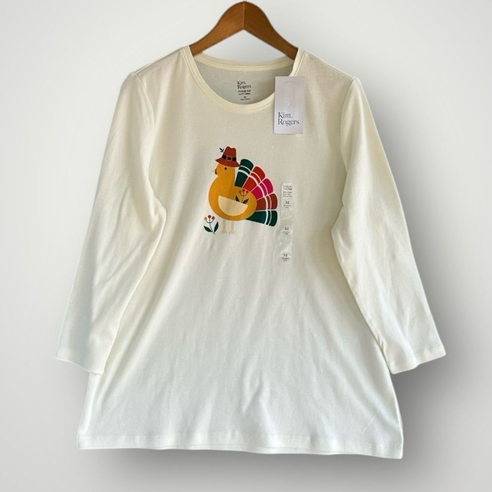 🎉5 for $45 🎉 NWT Kim Rogers Thanksgiving Tshirt Top Long Sleeve Size M Turkey